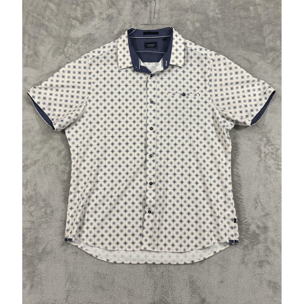Men's Short-Sleeve Printed Button-Up Shirt - White & Navy